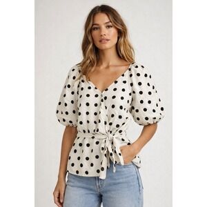 GAP Linen Wrap Top Polka Dot Puff Sleeve Parisian Cottagecore Women's S Tall